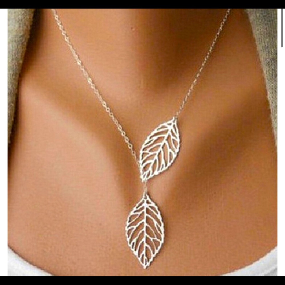 Silver Metal Double Leaf Necklace